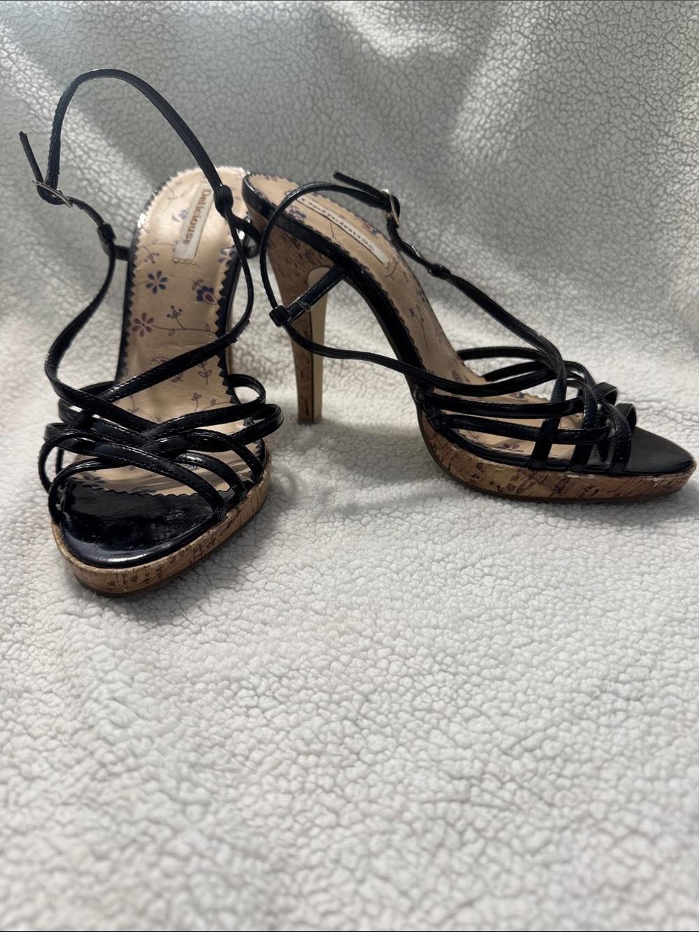 Delicious Black Strappy Cork-Platform Heels